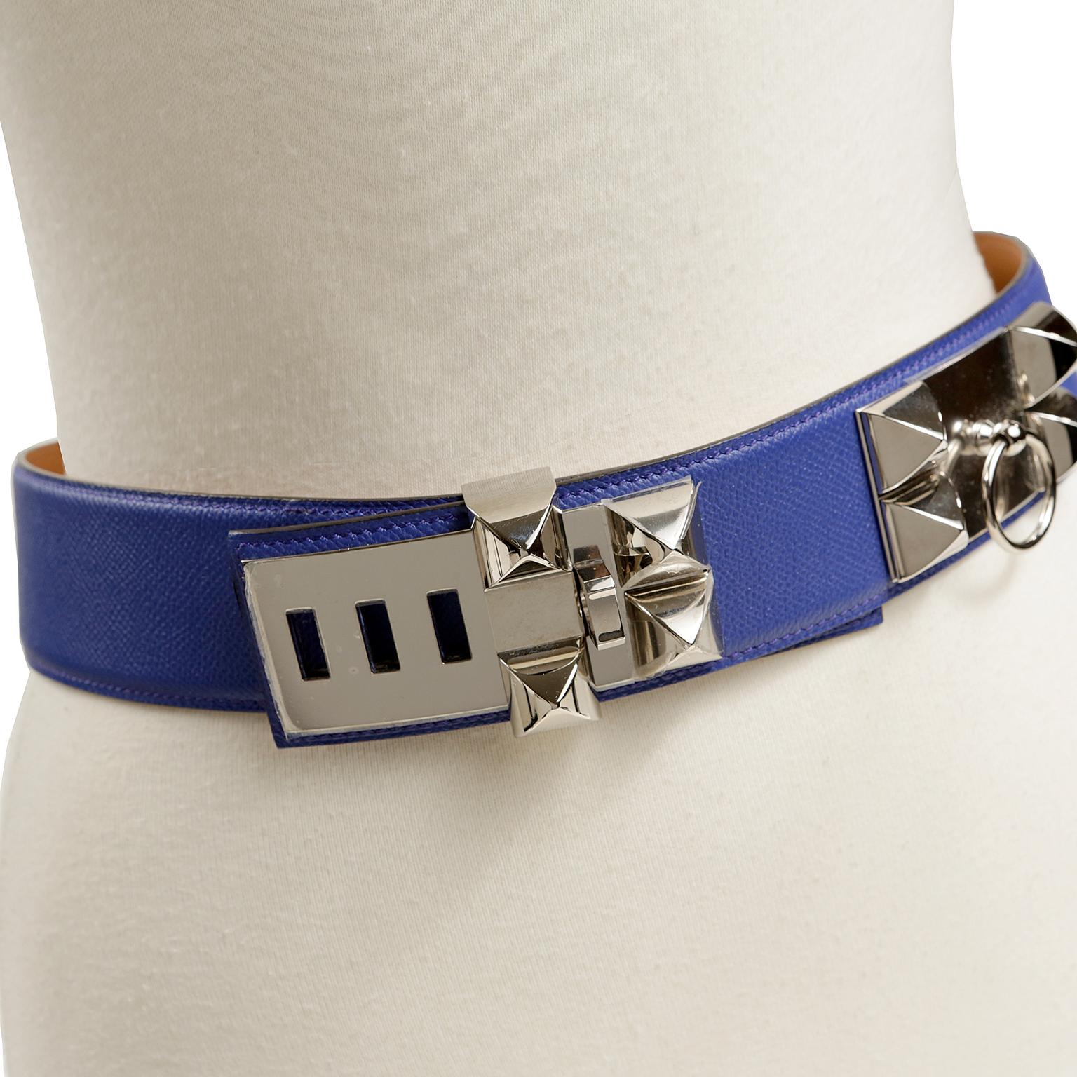 Hermès Blue Electrique Epsom Leather Medor Belt size 80 In Excellent Condition For Sale In Palm Beach, FL
