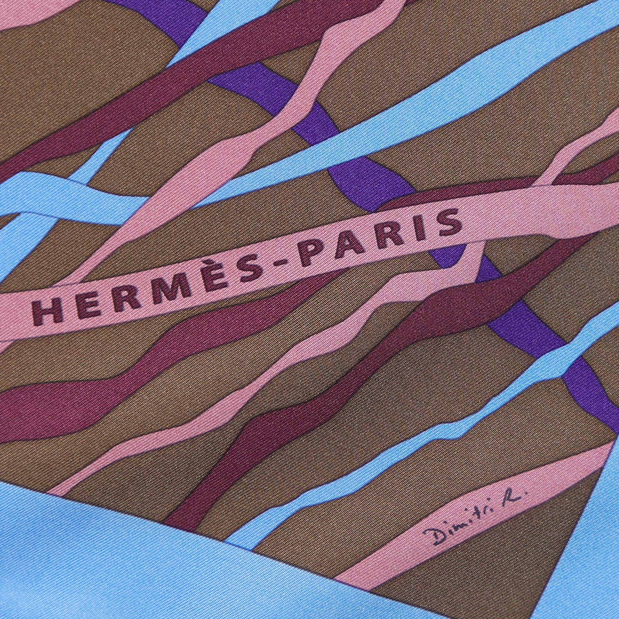 Gray Hermes Blue En Avant Toute Printed Silk Square Scarf For Sale