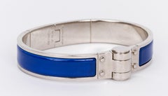 Hermes Blue Enamel Hinge Silver Bangle Bracelet
