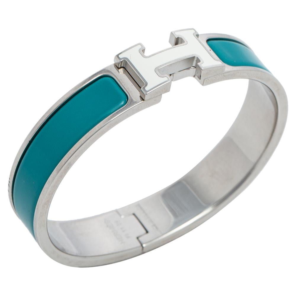 Contemporary Hermes Blue Enamel Palladium Plated Clic H Bracelet
