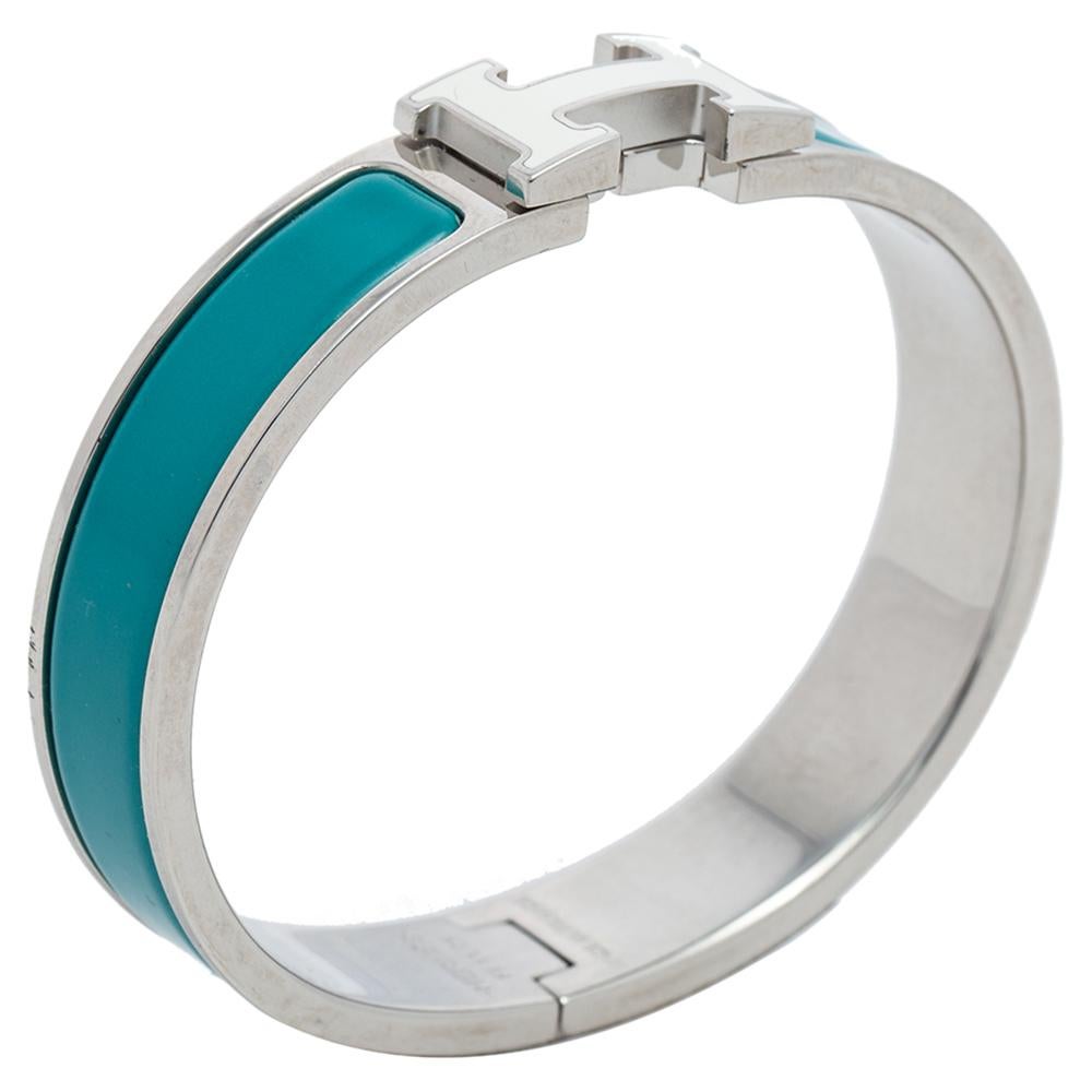 Hermes Blue Enamel Palladium Plated Clic H Bracelet In Good Condition In Dubai, Al Qouz 2
