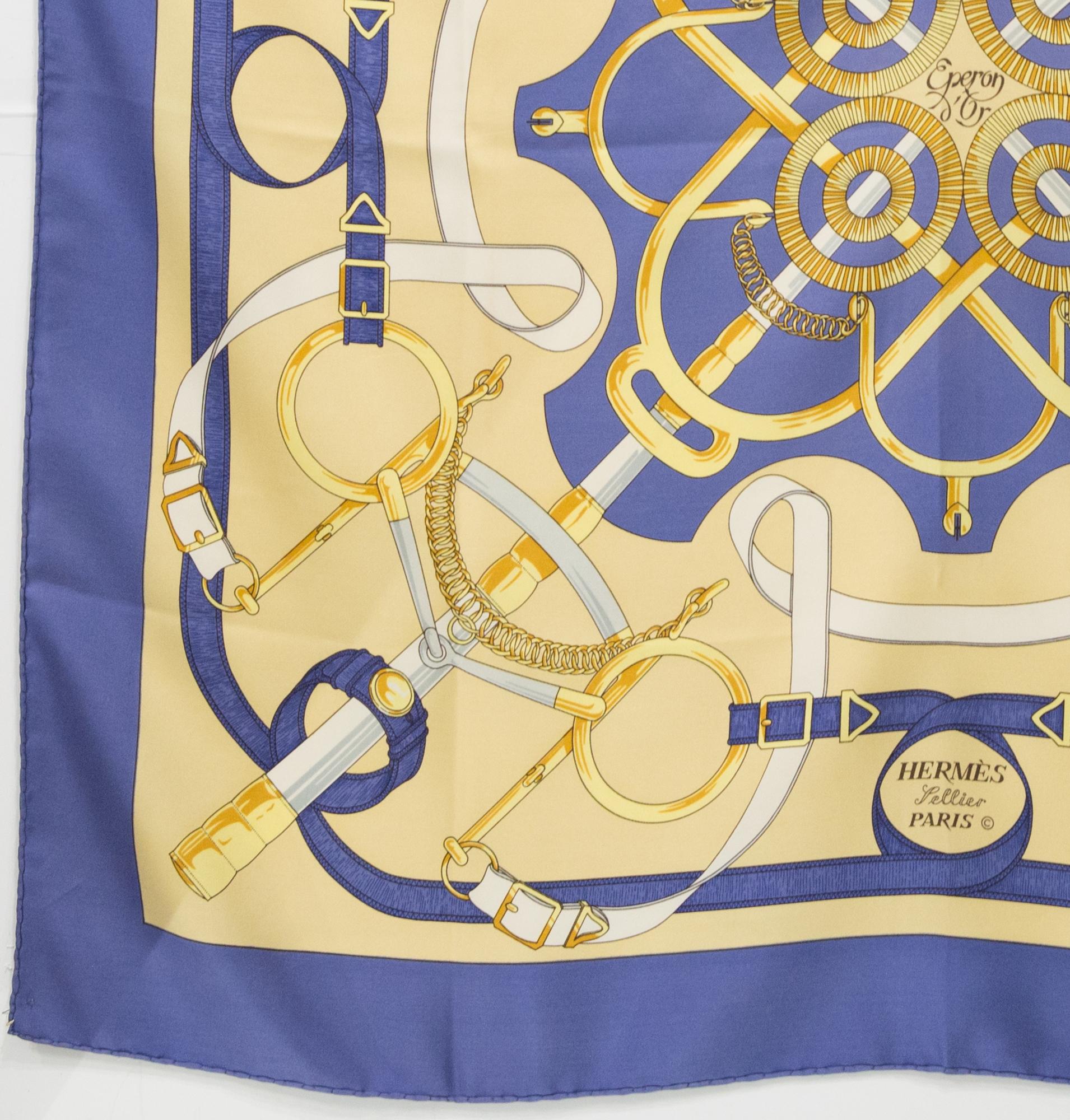 Hermes Blue Eperons d Or by H. d Origny Silk Scarf In Good Condition In Paris, FR