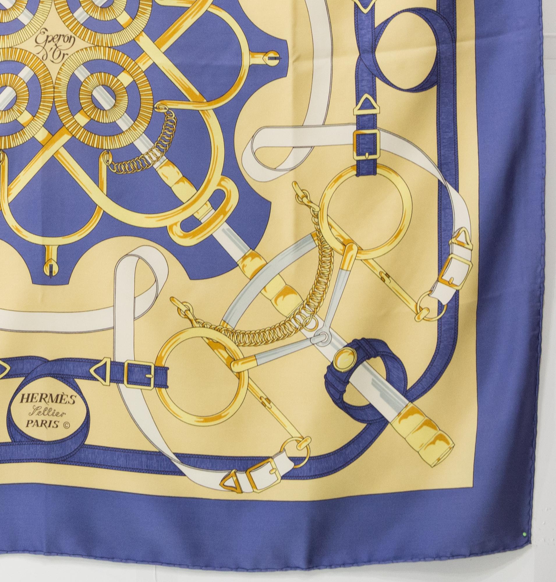 Women's or Men's Hermes Blue Eperons d Or by H. d Origny Silk Scarf