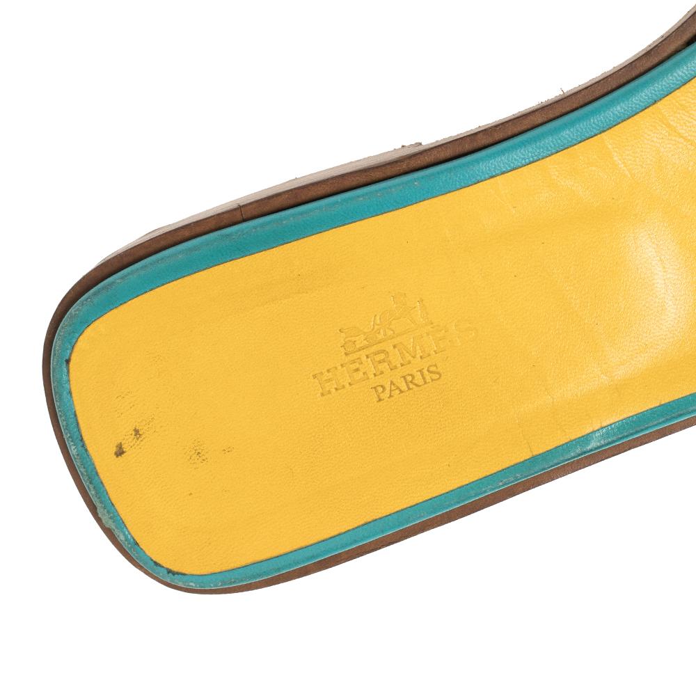 Beige Hermes Blue Fabric Oran Flat Slides Size 41