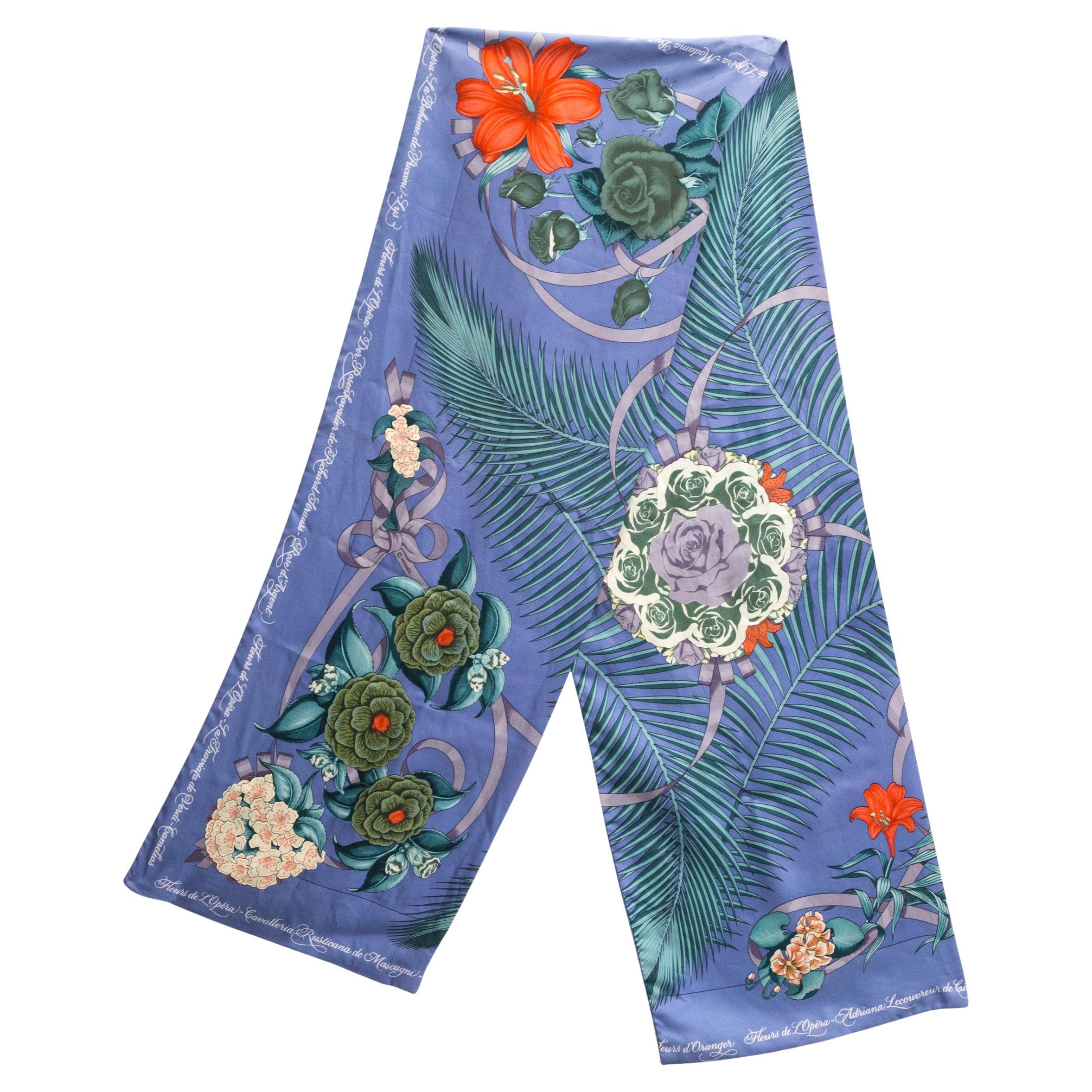 Hermes Blue Fleurs de l Opera by Julia Abadie Long Silk Scarf For Sale