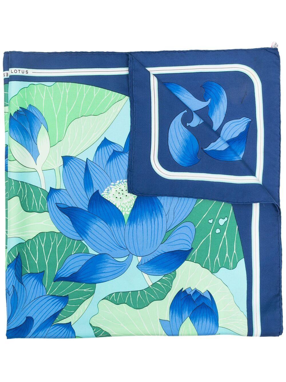 Hermes Blue Fleurs de Lotus by Christiane Vauzelle Silk Scarf 2