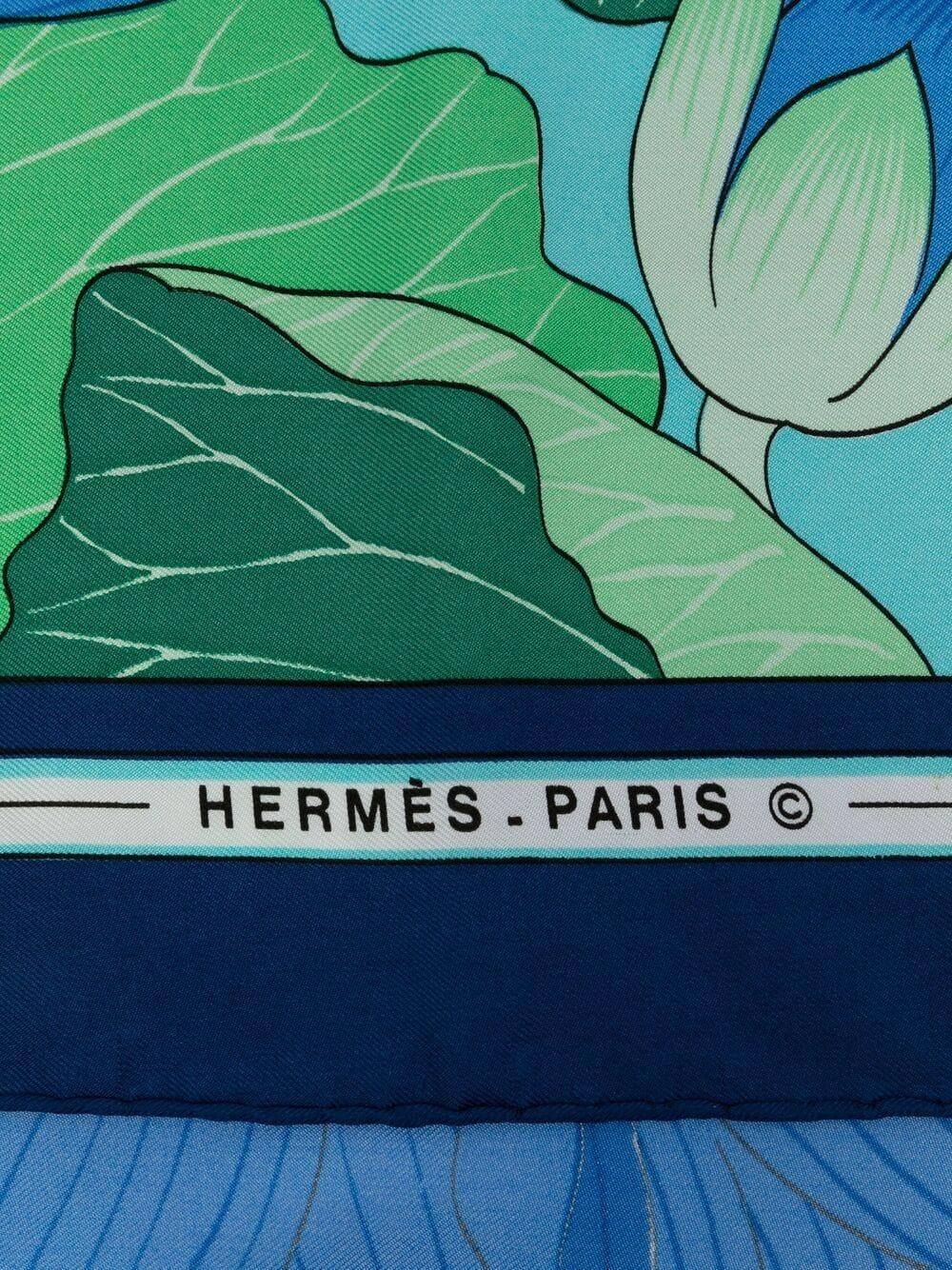 Hermes Blue Fleurs de Lotus by Christiane Vauzelle Silk Scarf 3