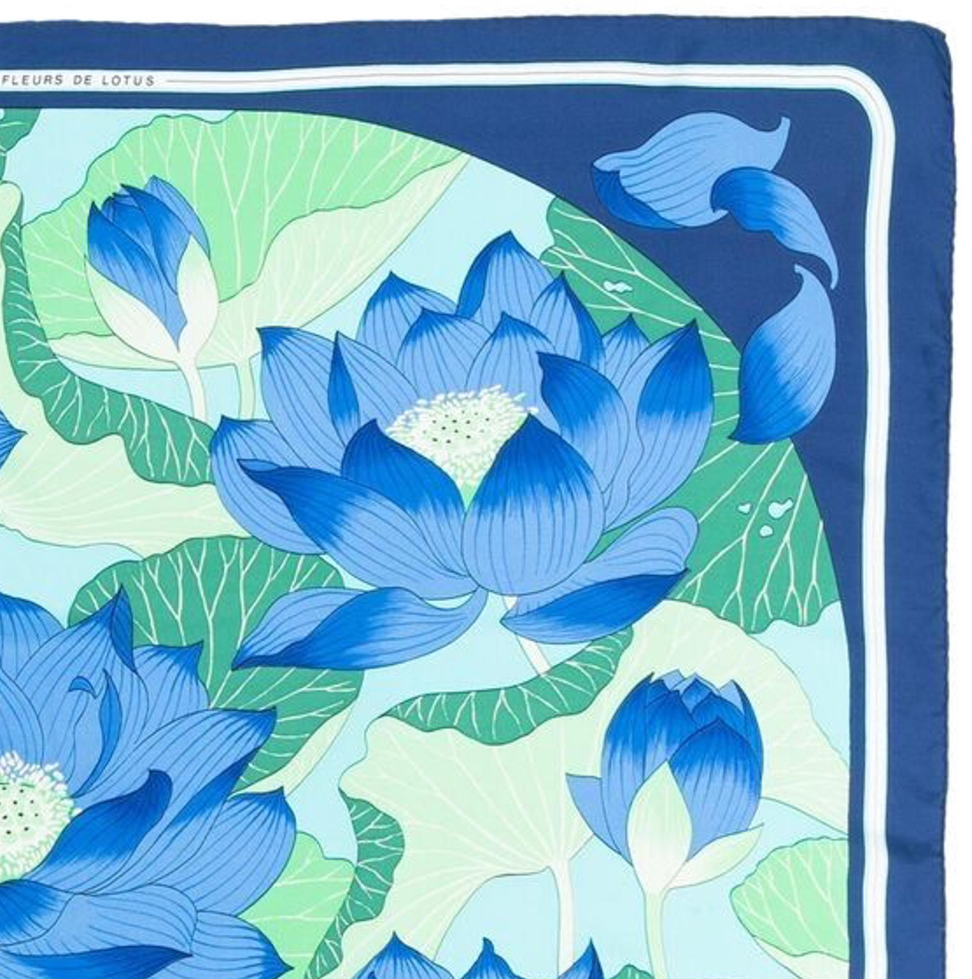 Hermes Blue Fleurs de Lotus by Christiane Vauzelle Silk Scarf In Excellent Condition In Paris, FR