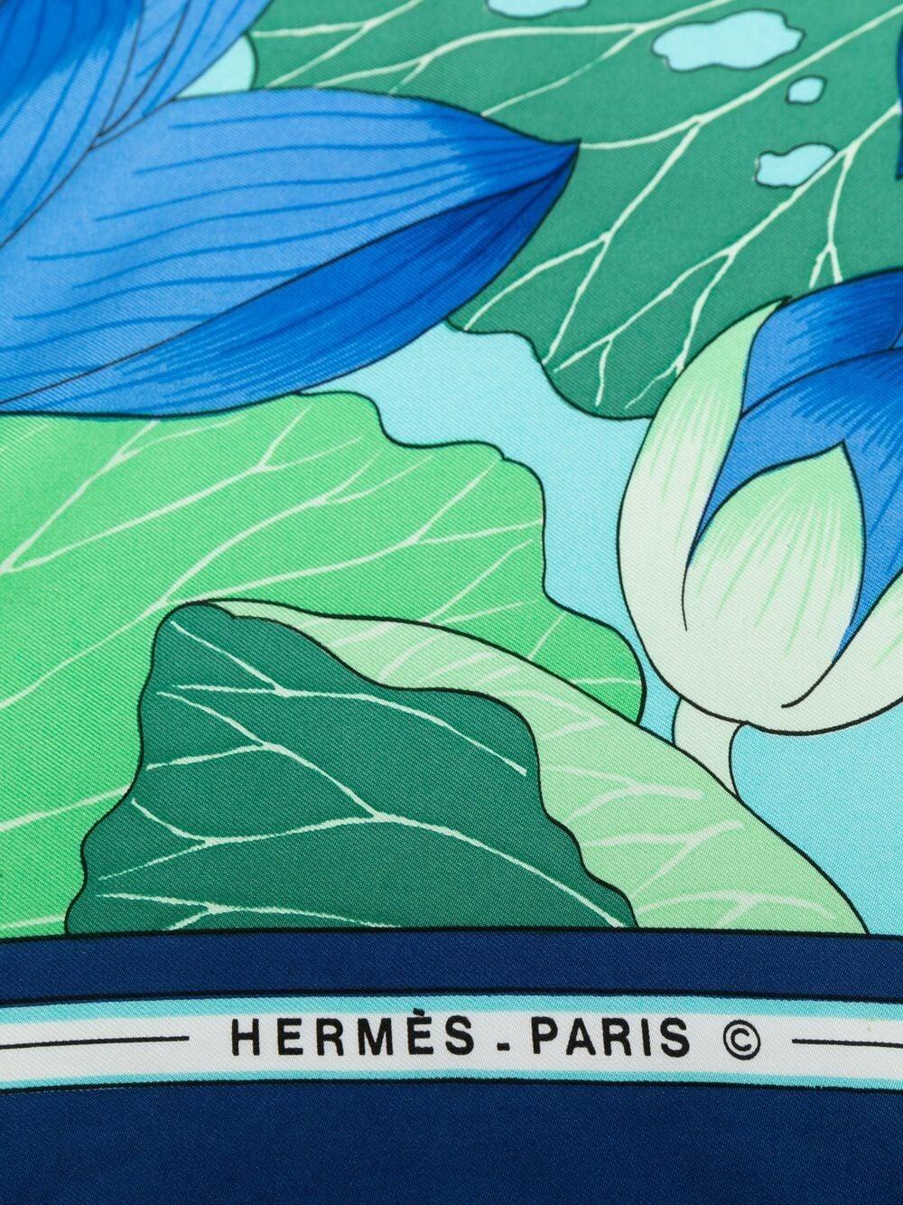 Hermes Blue Fleurs de Lotus by Christiane Vauzelle Silk Scarf 4