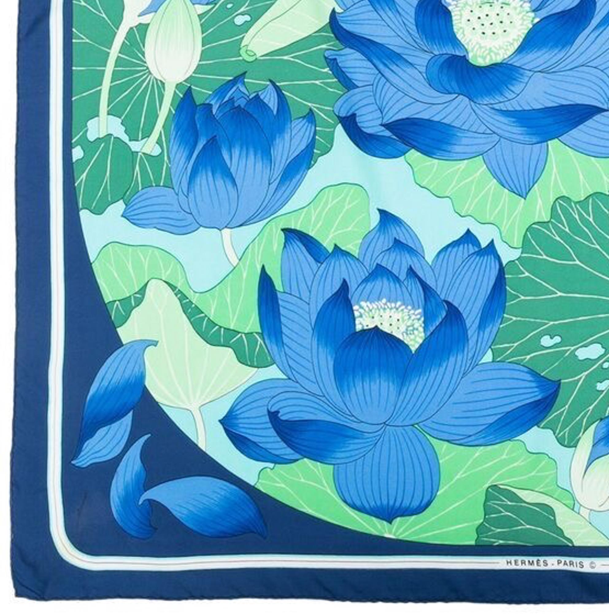 Women's or Men's Hermes Blue Fleurs de Lotus by Christiane Vauzelle Silk Scarf