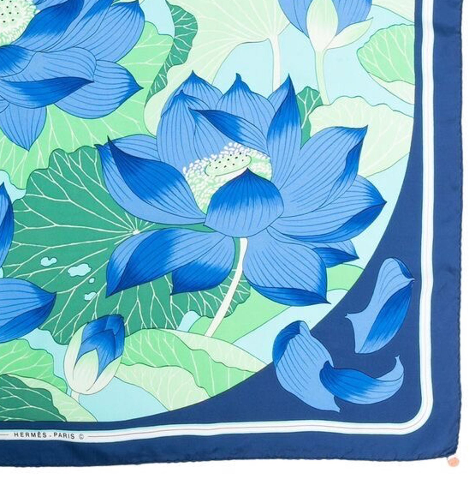 Hermes Blue Fleurs de Lotus by Christiane Vauzelle Silk Scarf 1