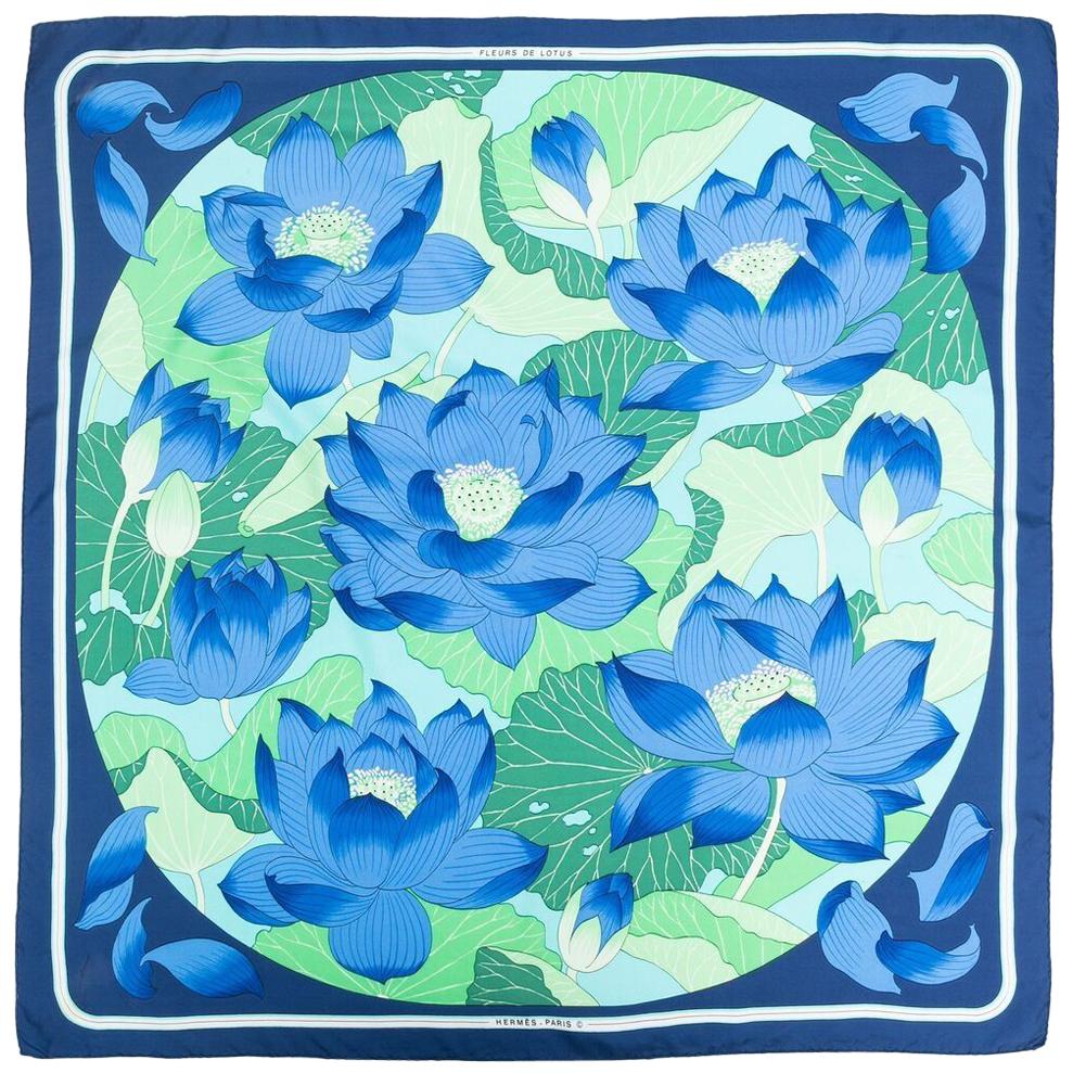 Hermes Blue Fleurs de Lotus by Christiane Vauzelle Silk Scarf
