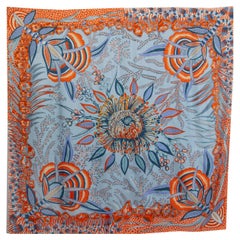 HERMES blue FLOWERS OF SOUTH AFRICA 140 Scarf silk Ciel Orange Blue Jean