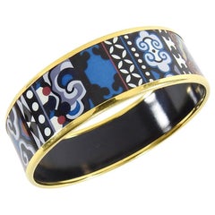 Hermes Blue Geo Gold Printed Enamel Wide Bangle Bracelet