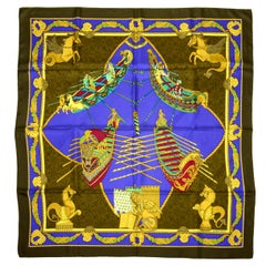 Hermes Blue/Gold Les Bissone de Venise 90cm Silk Scarf