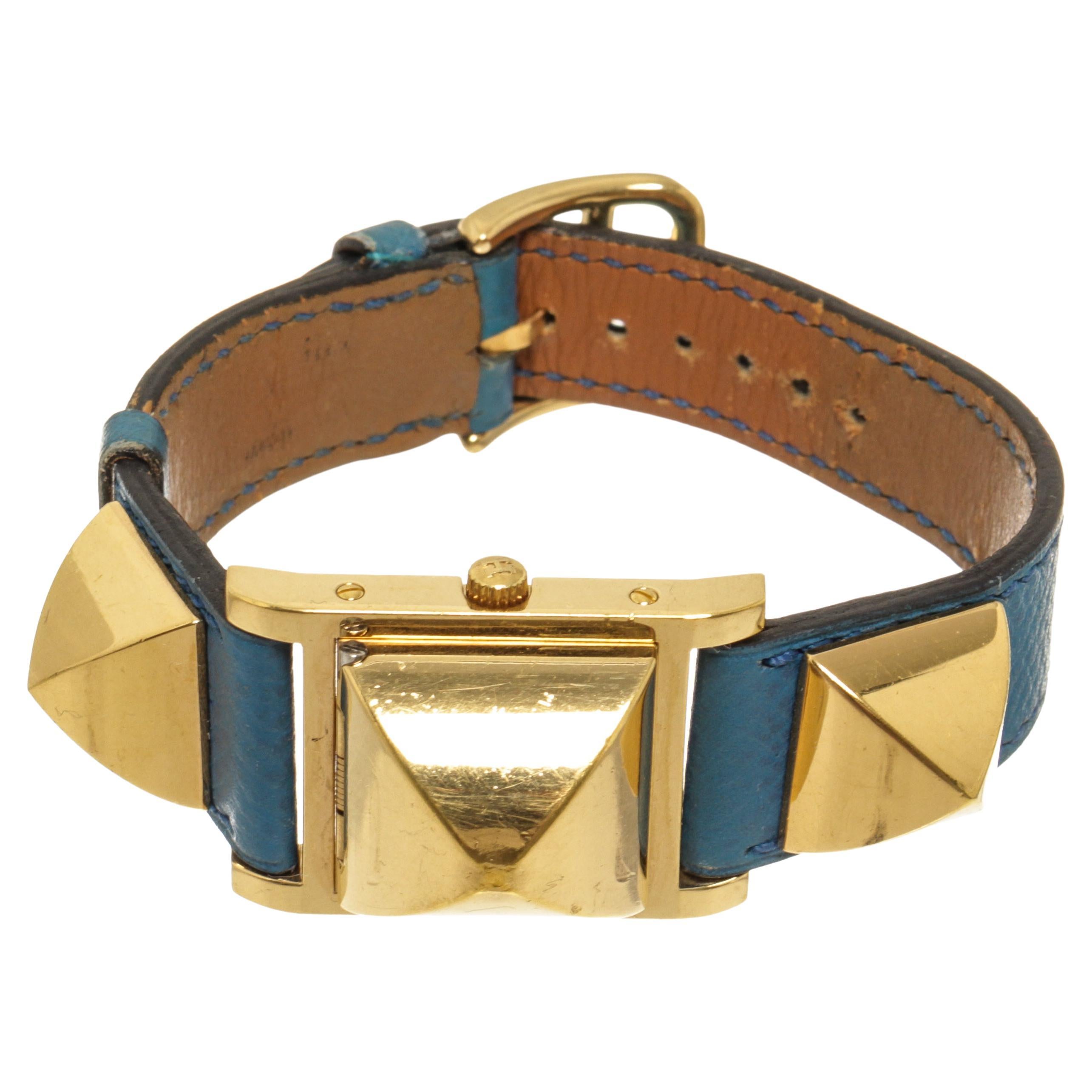 Hermes Gold Plated Metal and Leather Medor Quartz 18mm Watch For Sale