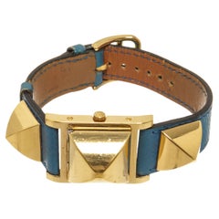 Blau vergoldete und vergoldete Medor-Quarz-Uhr von Hermès