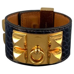 HERMES Blue Gold Pleated Alligator Collier de Chien Bracelet