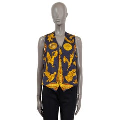 HERMES blue & gold silk twill PARURES DU VENT Vest Jacket M