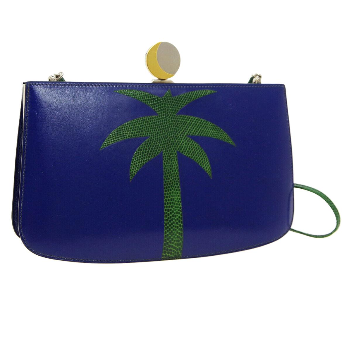 Hermes Blue Green Leather Lizard Tree Gold Sac Clutch Shoulder