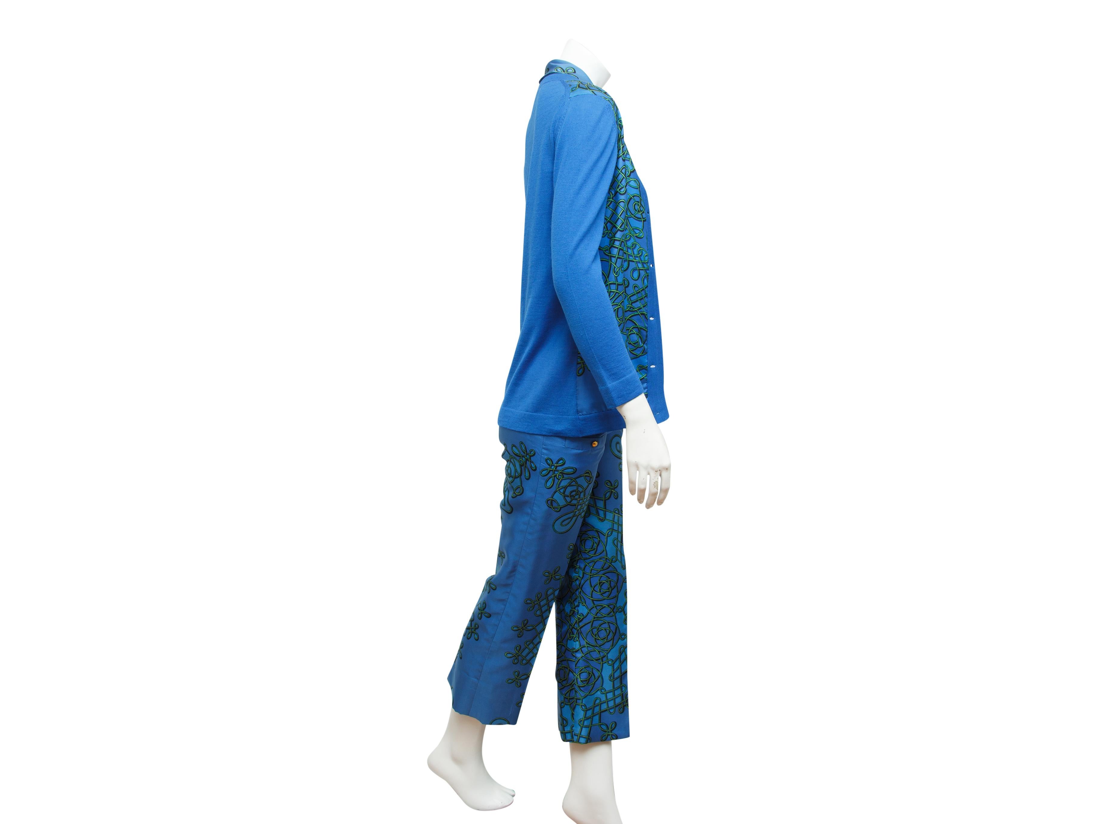 Product details:  Vintage blue and green printed silk 3-piece set by Hermes.  Includes a cardigan, shell and pants.  Bracelet-length sleeves.  Button-front closure.  Matching shell top.  Spread collar.  Three-button placket.  Matching pants. 