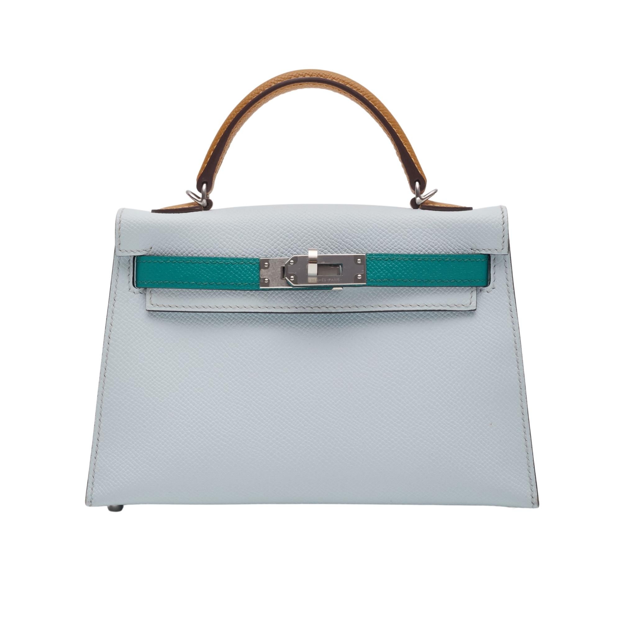 Hermès Blue Green Veau Palladium Epsom Mini Kelly Bag Sellier 20 In Excellent Condition In Montreal, Quebec