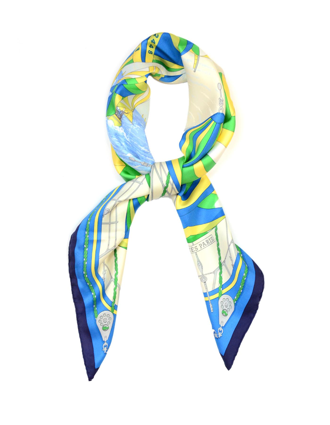 Hermes Blue/Green/White Spinnakers Print Silk Scarf,
Print by J.A. Badie

Made In: France
Color: Blue, green, and white pattern
Materials: 100% silk
Overall Condition: Excellent pre-owned condition

Measurements: 
34.5