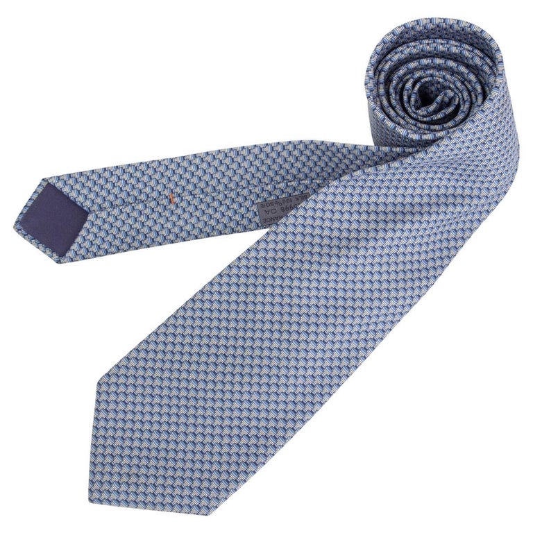 HERMES blue and grey silk twill CAN PRINT Tie at 1stDibs