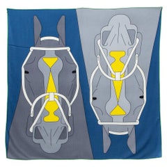 Hermes Blue & Grey Tete-a-Tete Equestre Cashmere & Silk Scarf