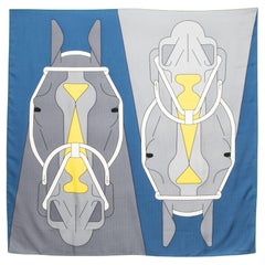 Hermès Blue & Grey Tête-à-Tête Equestre Cashmere & Silk Scarf