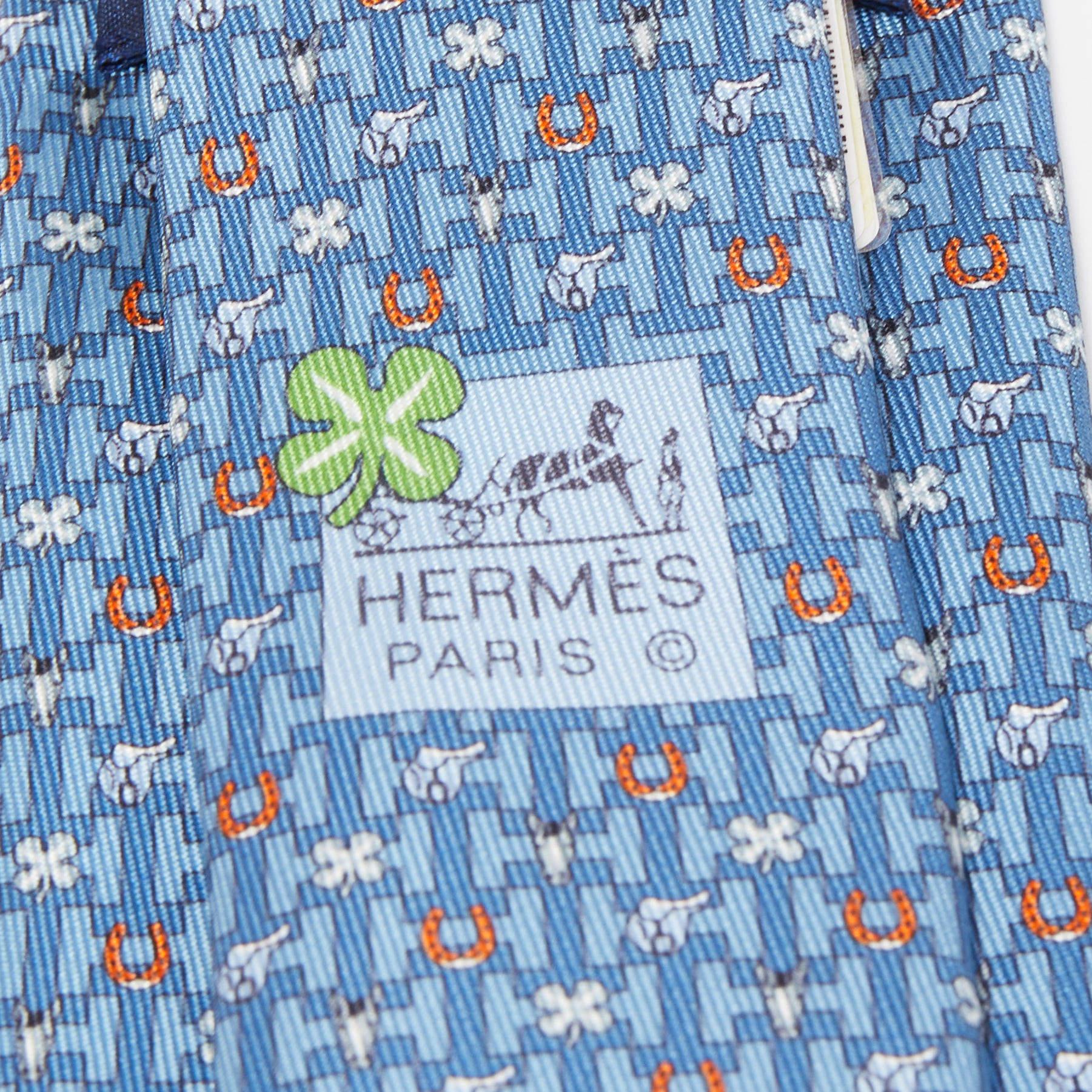 Hermès Blue H Luck Printed Silk Slim Tie In Excellent Condition In Dubai, Al Qouz 2