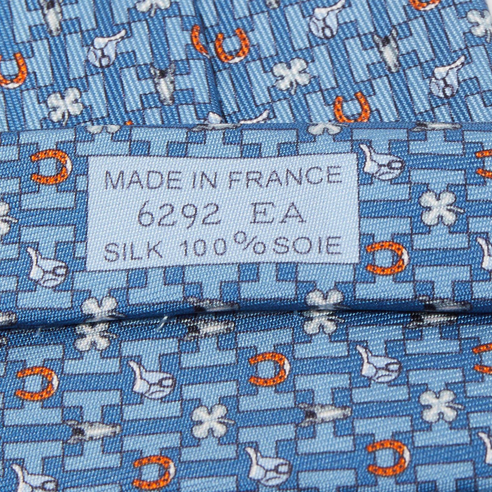 Men's Hermès Blue H Luck Printed Silk Slim Tie