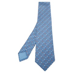 Hermès Blue H Luck Printed Silk Slim Tie