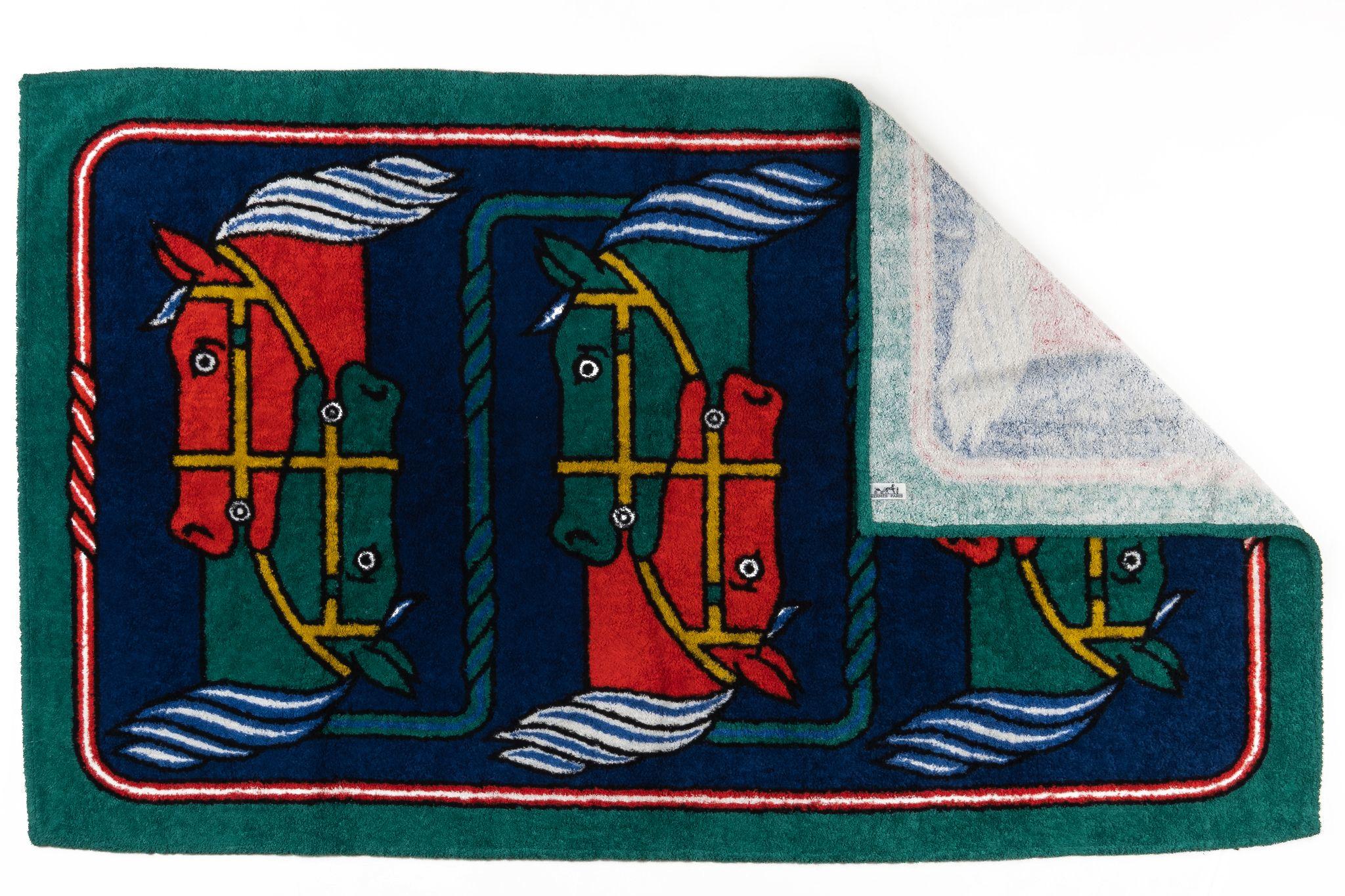 Hermès blue, green and red horses cotton beach towel.