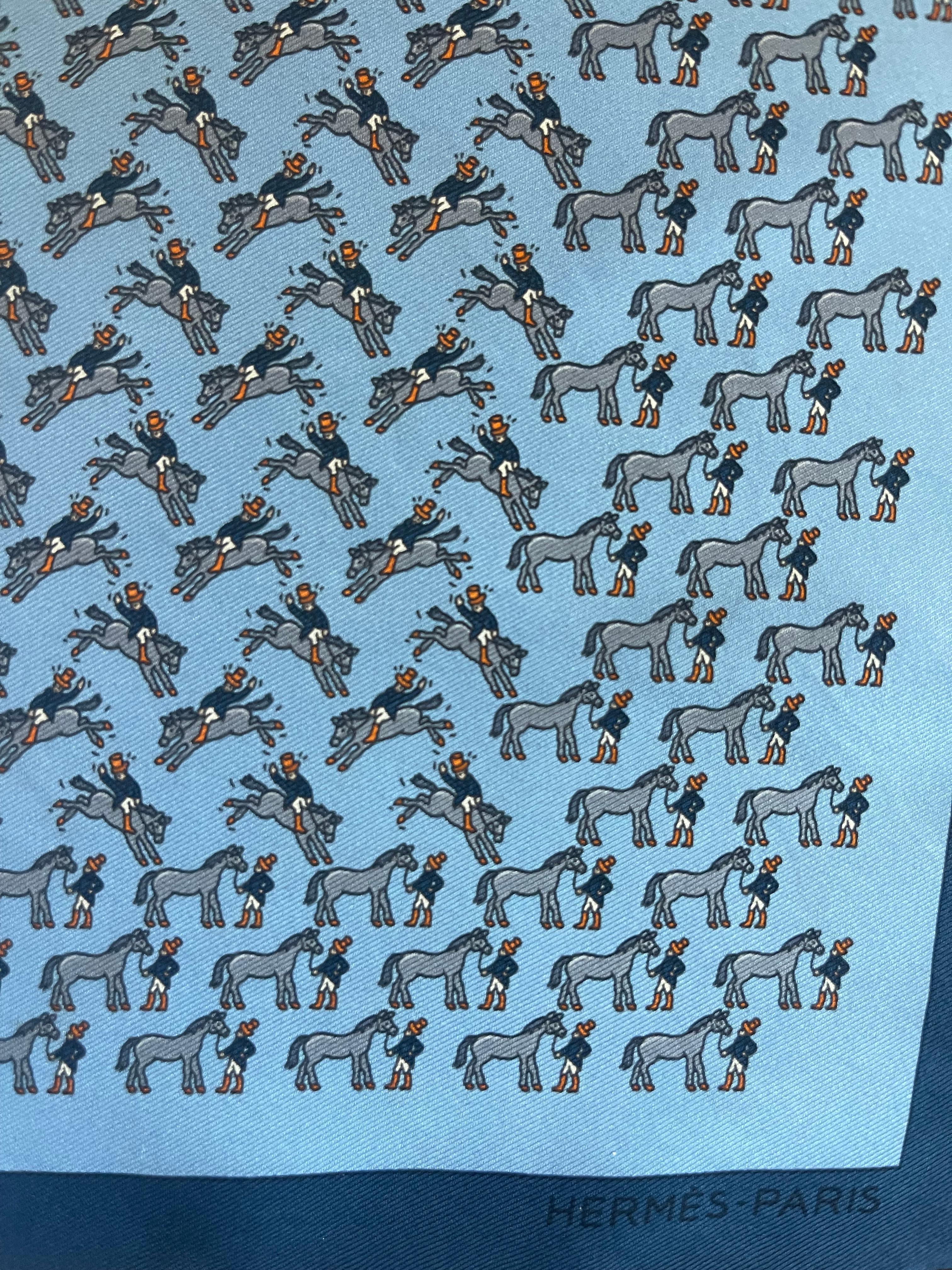 Women's or Men's Hermès Blue Horse Silk Gavroche Scarf For Sale