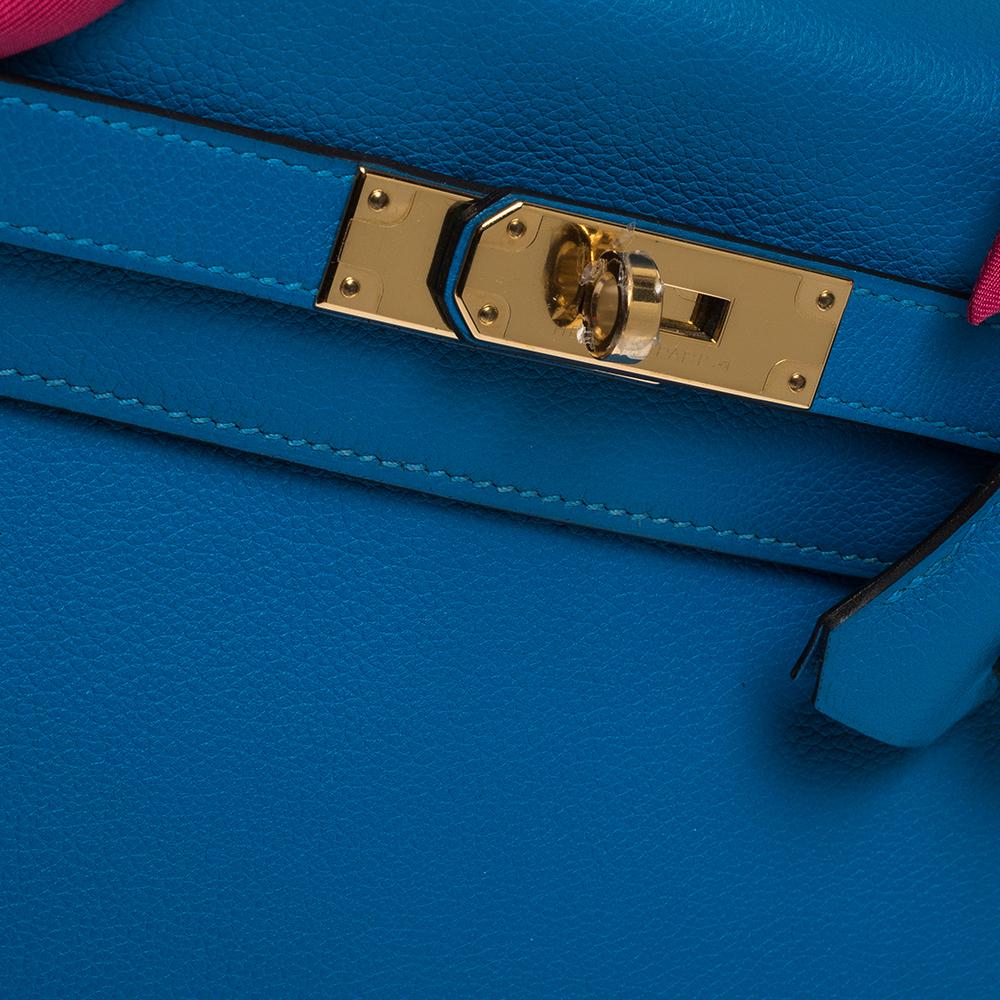 Hermes Blue Hydra Evercolor Leather Gold Hardware Kelly Retourne 28 Bag In Excellent Condition In Dubai, Al Qouz 2