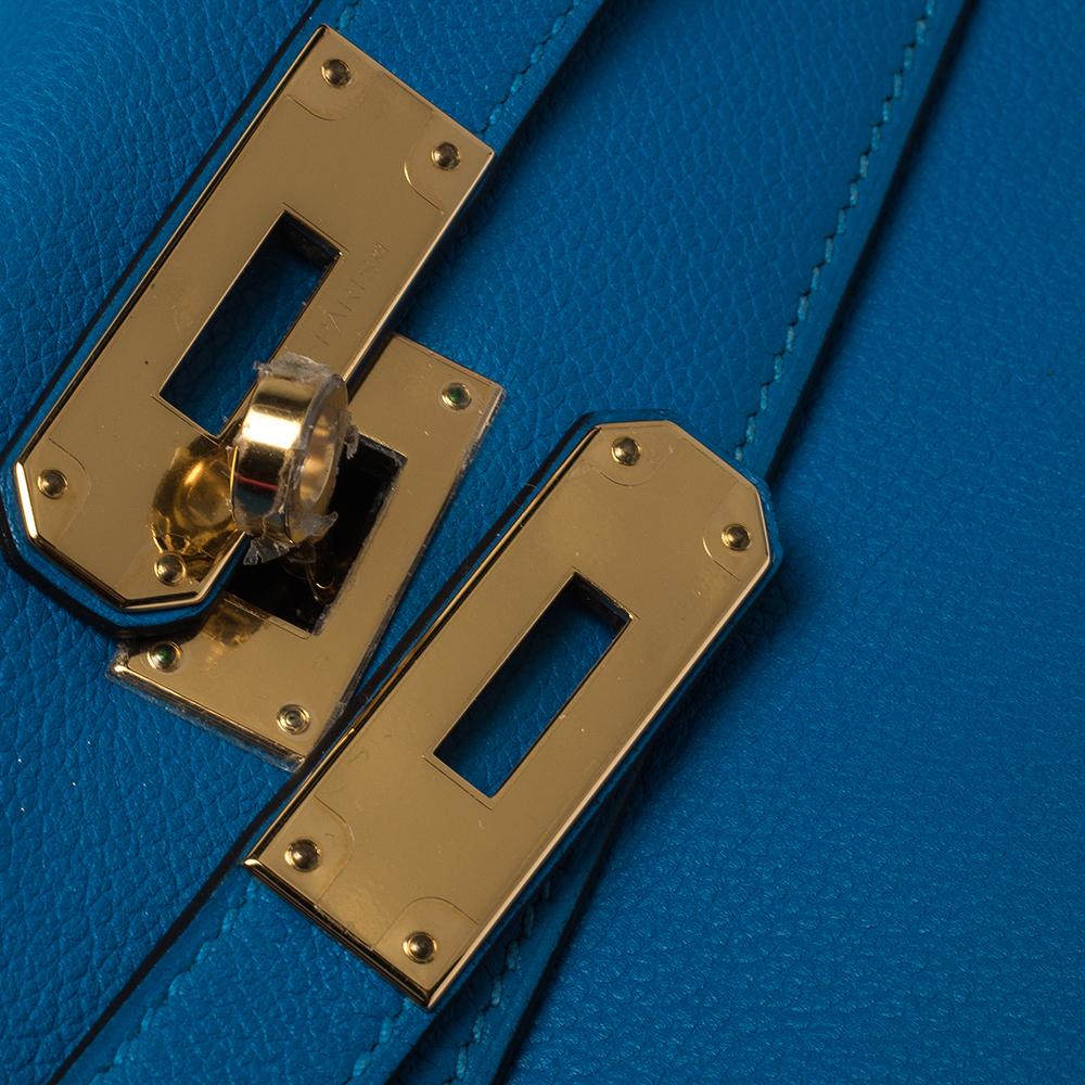 Women's Hermes Blue Hydra Evercolor Leather Gold Hardware Kelly Retourne 28 Bag