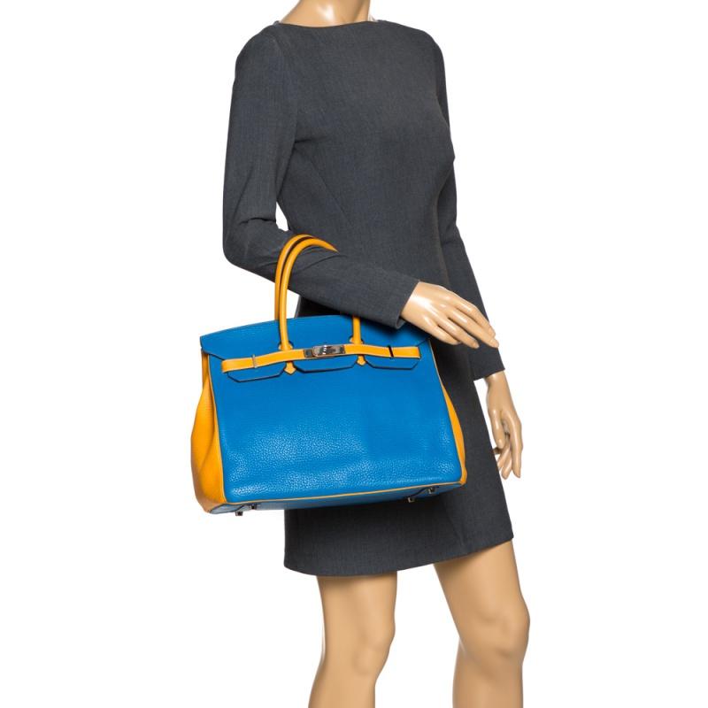 Hermes Blue Hydra/Jaune d'Or Clemence Leather Special Order Birkin 35 Bag In Good Condition In Dubai, Al Qouz 2