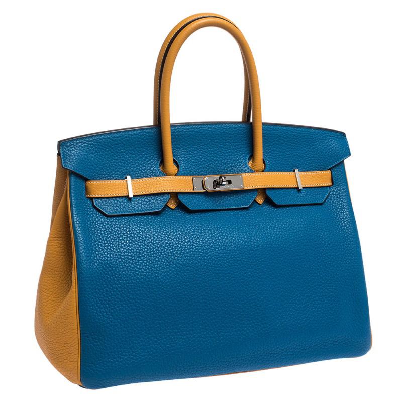 Women's Hermes Blue Hydra/Jaune d'Or Clemence Leather Special Order Birkin 35 Bag