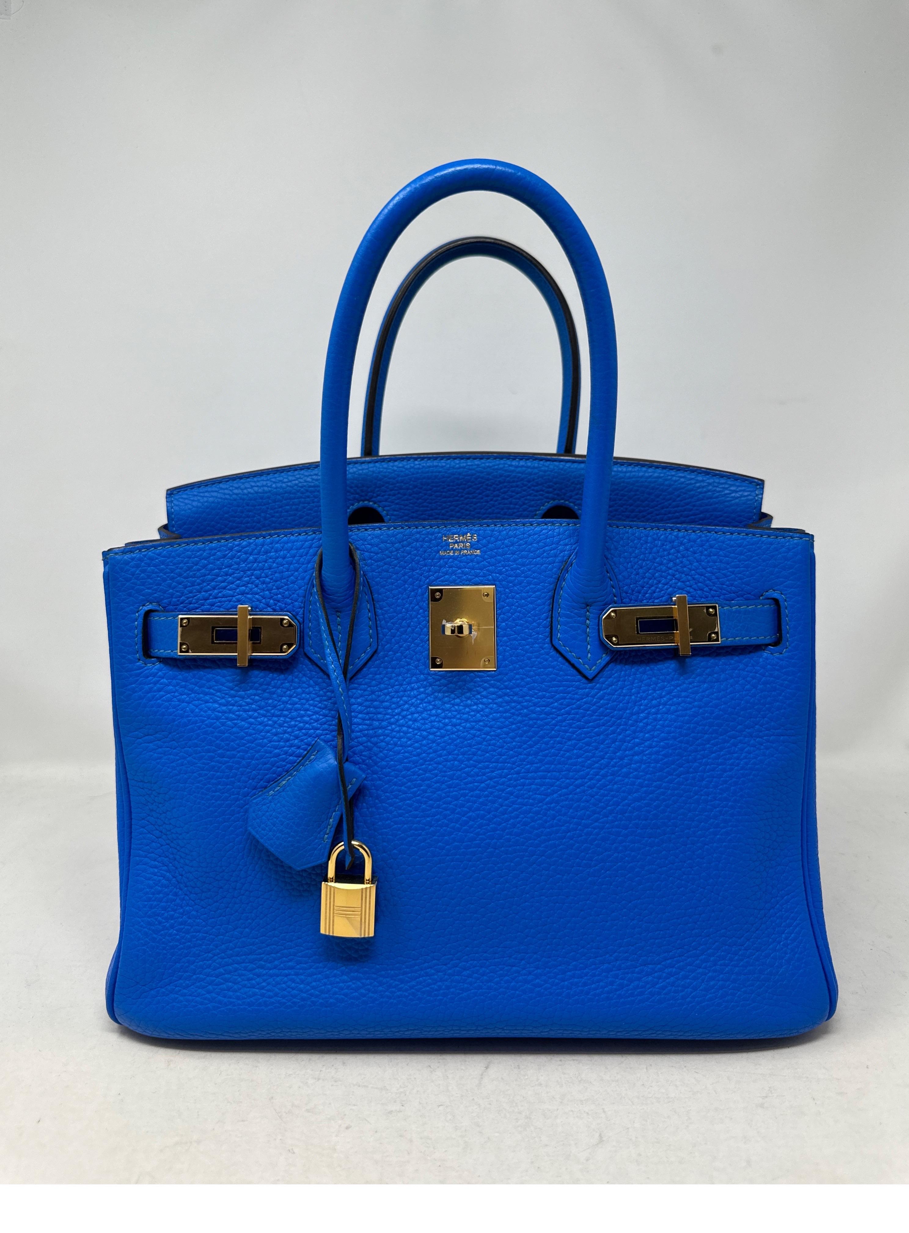 Hermes Blue Hydra Birkin 30 Bag. Excellent condition. Gold hardware. Clemence leather. P square stamp. Interior clean. Includes clochette, lock, keys, and dust bag. Guaranteed authentic. 