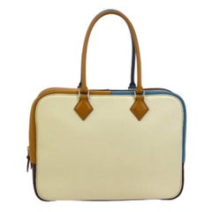 Hermes Blue Ivory Cognac Brown Leather Evening Top Handle Satchel Bag