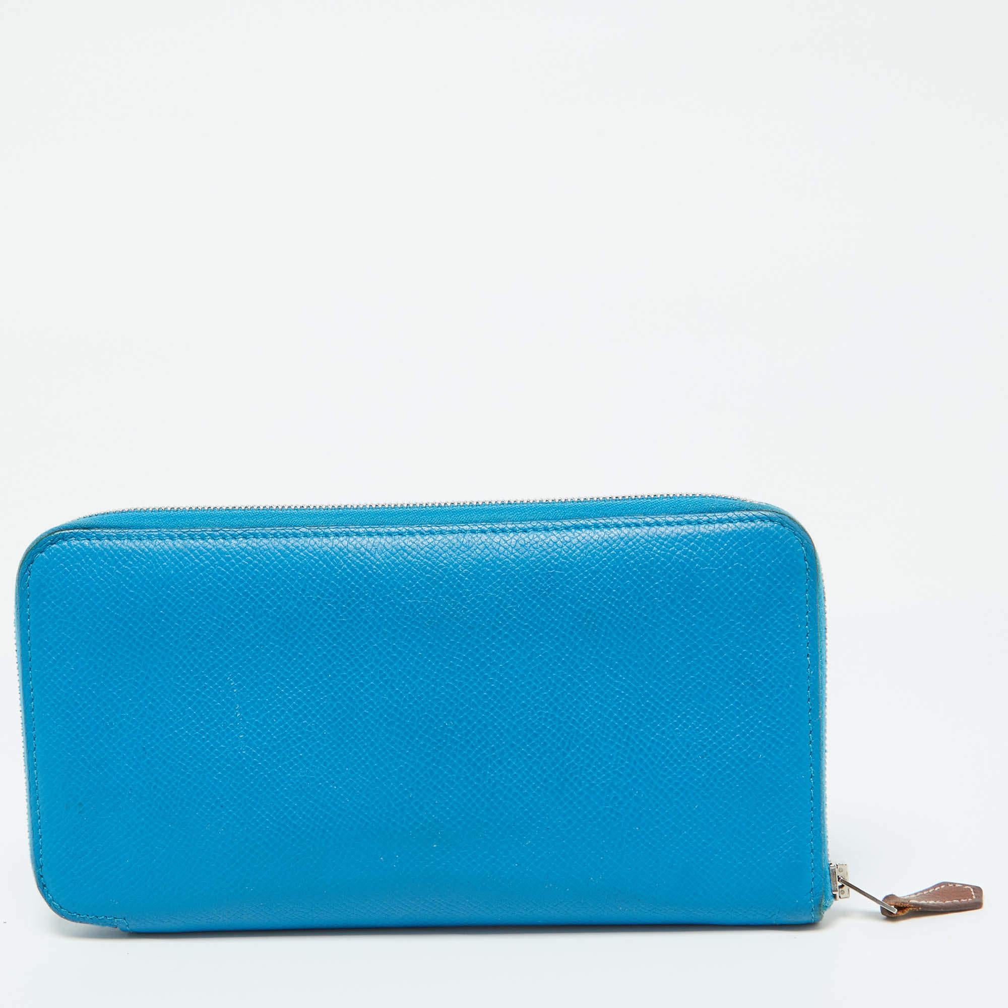 Women's Hermes Blue Izmir Epsom Leather Silk'In Classique Long Wallet For Sale