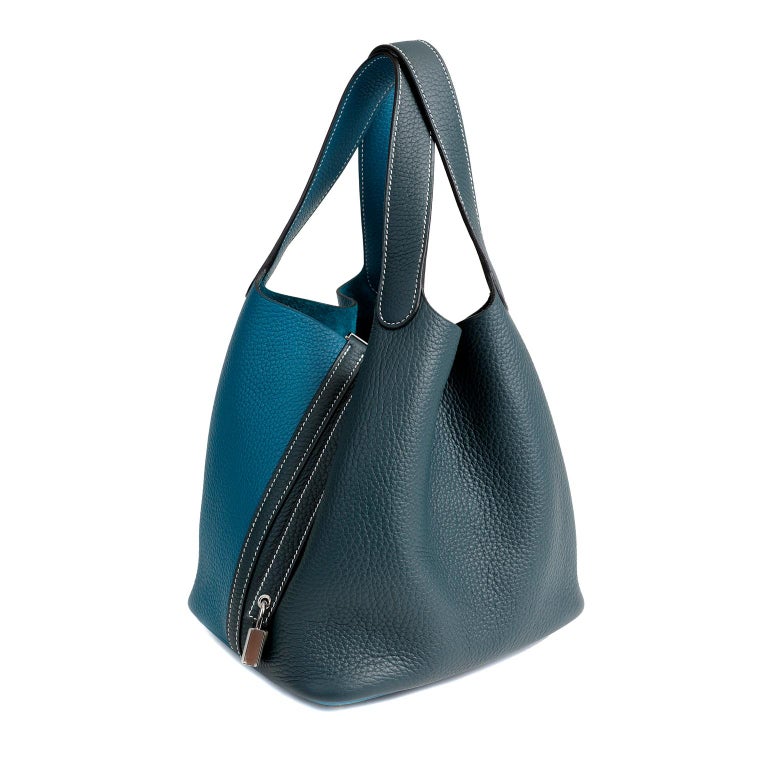 Hermes PHW Picotin PM Tote Bag Taurillon Clemence Leather Bleu Tempete Blue