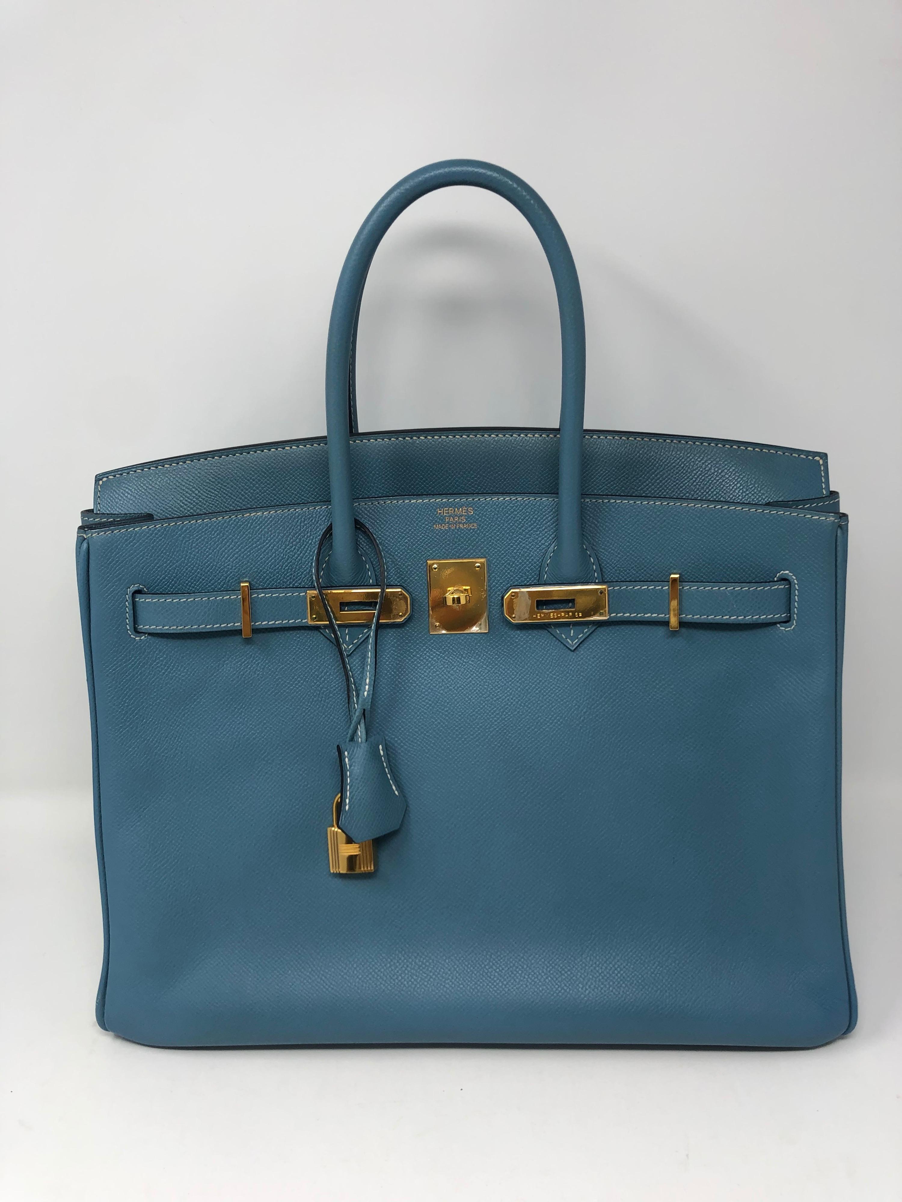 Hermes Blue Jean Birkin 35. Gold hardware. Excellent condition. Beautiful light blue color epsom leather. Great Spring or Summer bag. Can be worn all year round. Guaranteed authentic. 