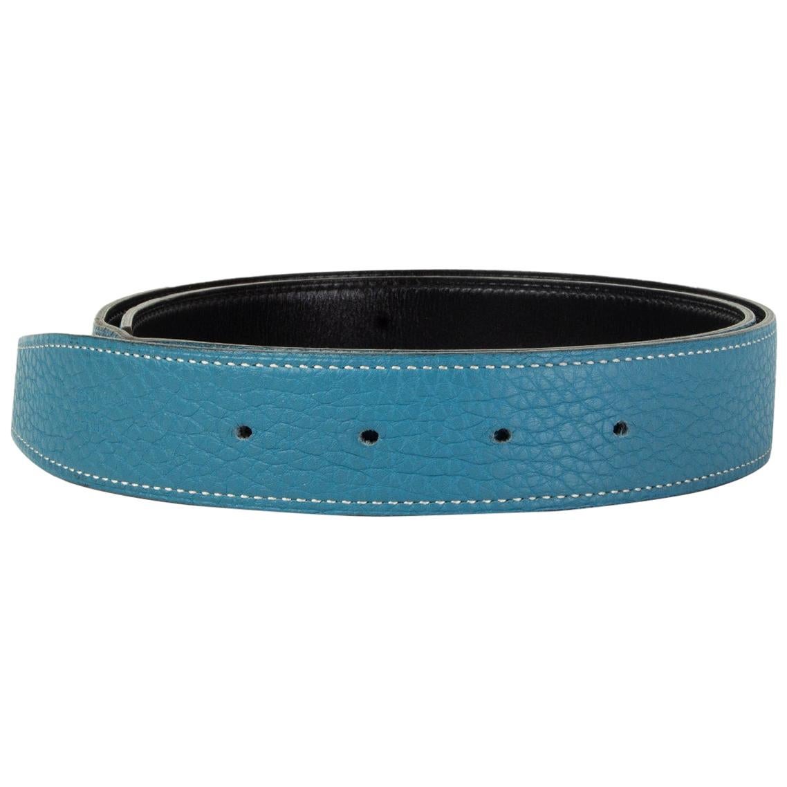 HERMES Blue Jean / Black 32MM REVERSIBLE Belt Strap 85 Togo Box leather