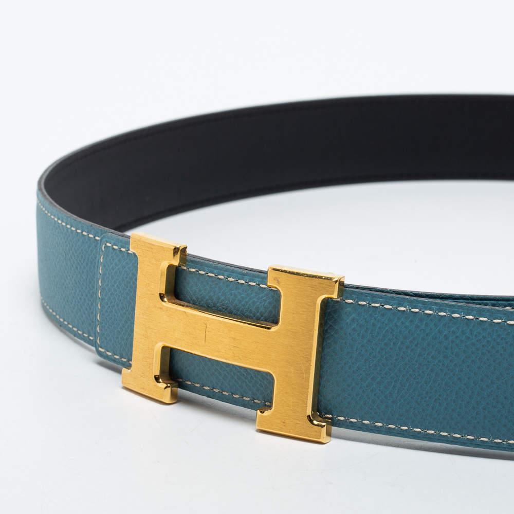 Women's Hermes Blue Jean/Black Swift and Epsom Leather H Buckle Reversible Belt 85CM