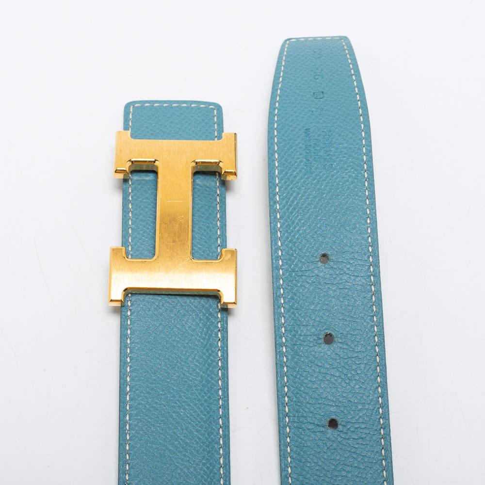 Hermes Blue Jean/Black Swift and Epsom Leather H Buckle Reversible Belt 85CM 1