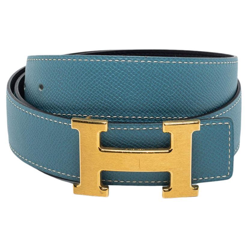 Hermes Blue Jean/Black Swift and Epsom Leather H Buckle Reversible Belt 85CM