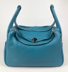 Hermès Blue Jean Clemence Leather Lindy Bag with Palladium Hardware
