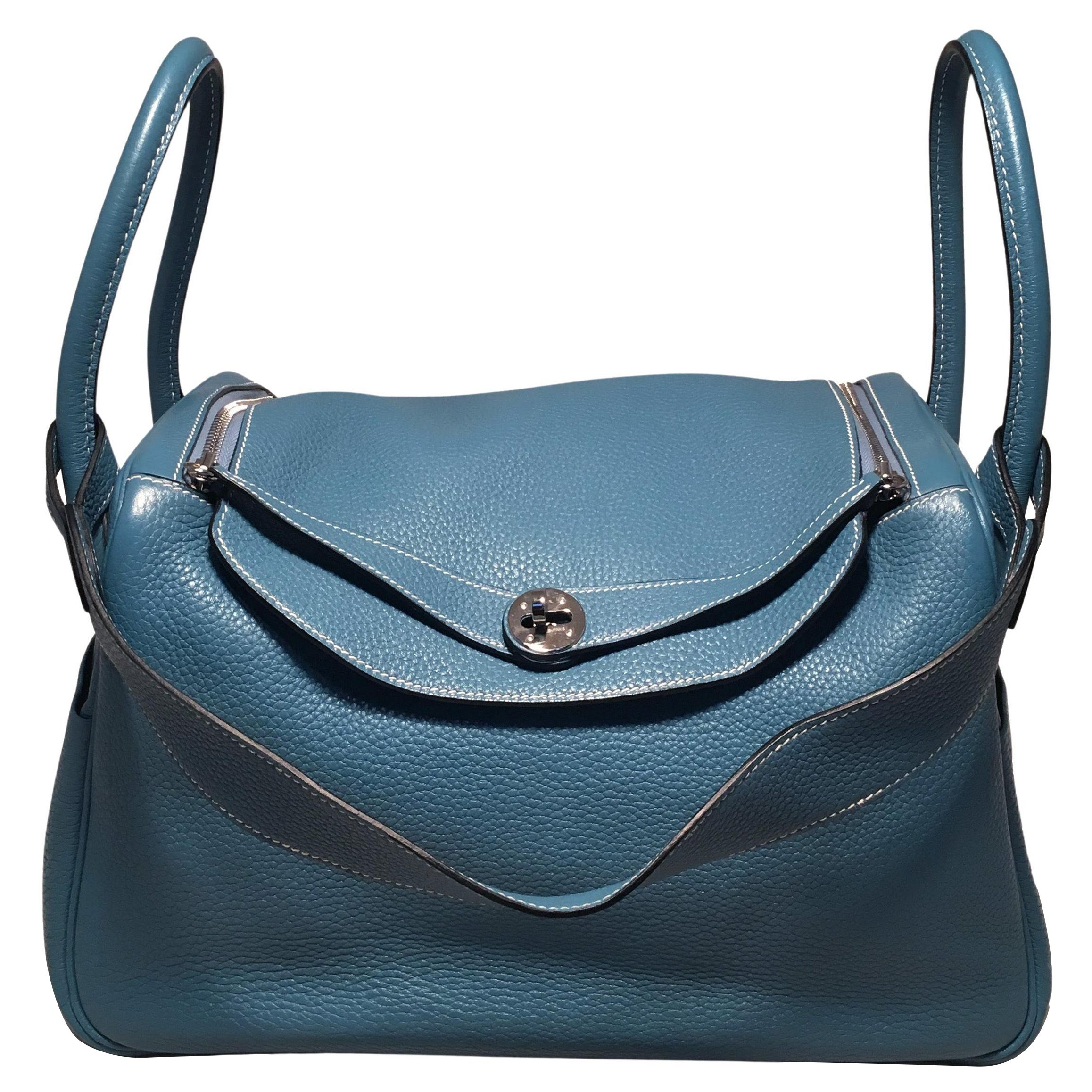 Hermès Blue Jean Clemence Leather Lindy Bag with Palladium Hardware